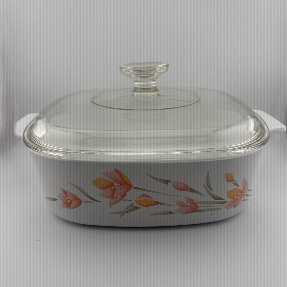 Vintage CorningWare Peach Floral Casserole Dish A-2-B 2 liter w/ Lid
